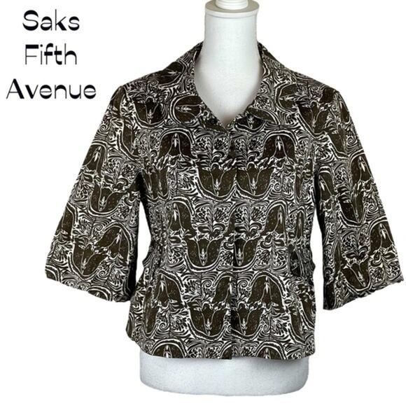 Saks Fifth Ave Brown & White Floral Cotton Cropped Blazer Jacket NWOT Size 14 - Picture 2 of 11